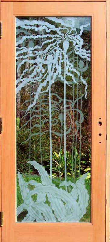 Stylized Bull Kelp Door etched on both sides of glass