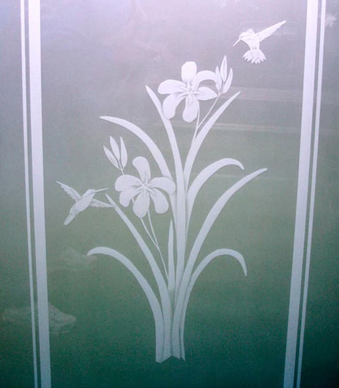 detail of lillies and hummingbird pantry panel Detail lillies and hummingbirds